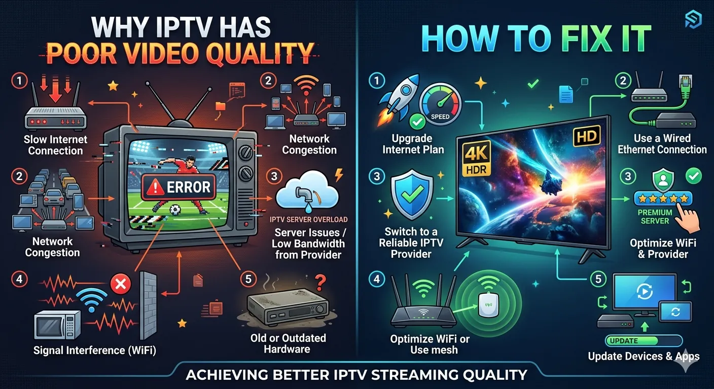 Fix IPTV poor video quality guide shown on a Smart TV interface